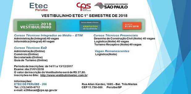 VESTIBULINHO ETEC 1°SEMESTRE 2018